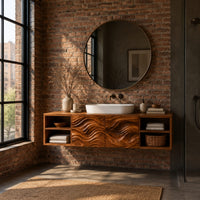 Floating bathroom vanity with wave carved center and open side cubbies in an industrial loft bathroom with exposed brick