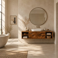 Floating bathroom vanity with wave carved center and open side cubbies in a bright open plan bathroom