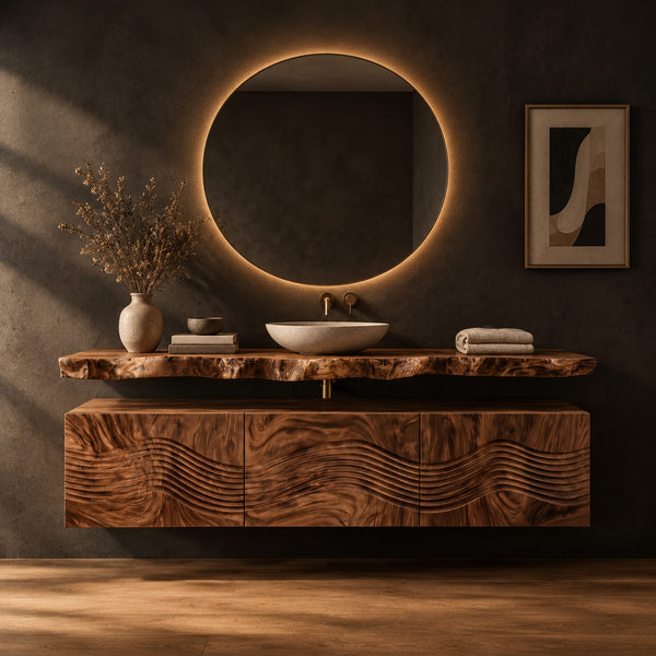 Floating Bathroom Vanity With Wave Carved Fronts And Live Edge Slab