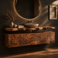 Floating wood cabinet with wave carved fronts and a live edge slab top, three-quarter view showing the grain