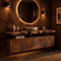 Floating wood cabinet with wave carved fronts and a live edge slab top in an evening bathroom with walnut wall paneling