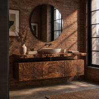 Floating wood cabinet with wave carved fronts and a live edge slab top in an industrial loft bathroom with exposed brick