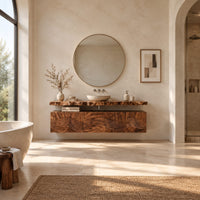 Floating wood cabinet with wave carved fronts and a live edge slab top in a bright open plan bathroom
