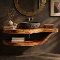 Corner detail of floating bathroom vanity with a wavy slab top and sweeping lower shelf beside wood, brass and linen samples