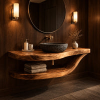 Floating bathroom vanity with a wavy slab top and sweeping lower shelf in an evening bathroom with walnut wall paneling