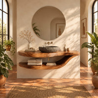 Floating bathroom vanity with a wavy slab top and sweeping lower shelf in a bright bathroom with arched windows and plants