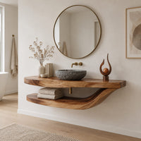 Floating bathroom vanity with a wavy slab top and sweeping lower shelf in a Scandinavian bathroom with white walls