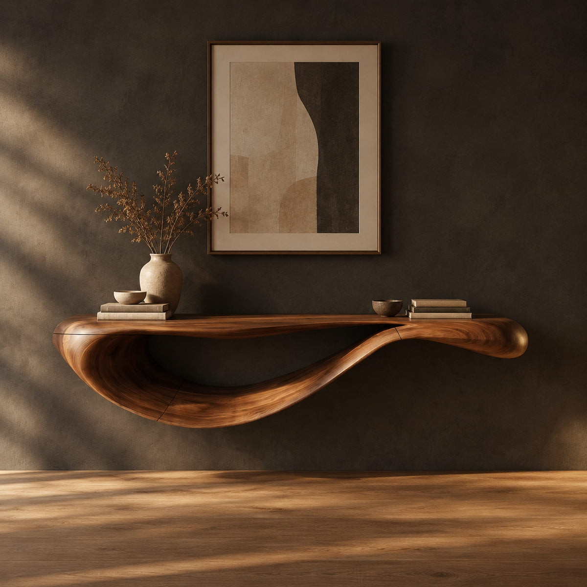 Floating console table with a sweeping wave shaped underside in a dark studio against a charcoal plaster wall