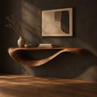 Floating console table with a sweeping wave shaped underside, three-quarter view showing the grain