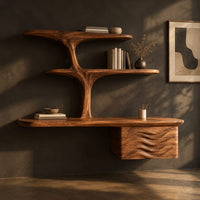 Floating desk with tree form shelves and a wave carved side unit, three-quarter view showing the grain