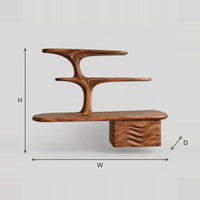 Floating Desk Tree Form Shelves Wave Carved Side Unit dimension diagram with width, height and depth