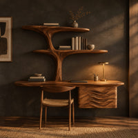 Floating desk with tree form shelves and a wave carved side unit in a dark home office at golden hour