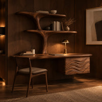 Floating desk with tree form shelves and a wave carved side unit in an evening home office with walnut wall paneling