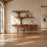 Floating desk with tree form shelves and a wave carved side unit in a bright open plan home office