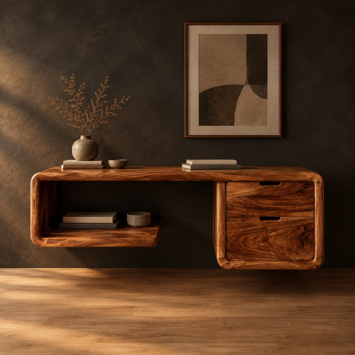 Floating desk with a soft edged body, open cubby shelf and two drawers in a dark studio against a charcoal plaster wall