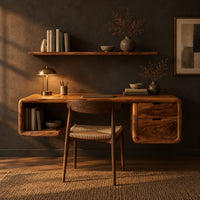 Floating desk with a soft edged body, open cubby shelf and two drawers in a dark home office at golden hour