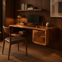Floating desk with a soft edged body, open cubby shelf and two drawers in an evening home office with walnut wall paneling