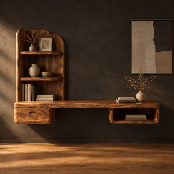 Floating Desk With Tall Shelf Hutch, One Drawer And Side Cubby