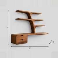 Floating Desk With Tree Branch Shelves And Two Drawers dimension diagram with width, height and depth