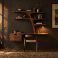 Floating desk with branching tree shelves and a two drawer unit in a dark home office at golden hour
