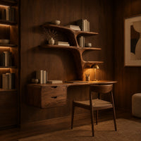 Floating desk with branching tree shelves and a two drawer unit in an evening home office with walnut wall paneling