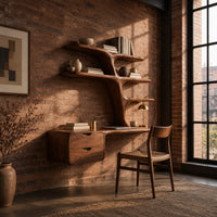 Floating desk with branching tree shelves and a two drawer unit in an industrial loft home office with exposed brick
