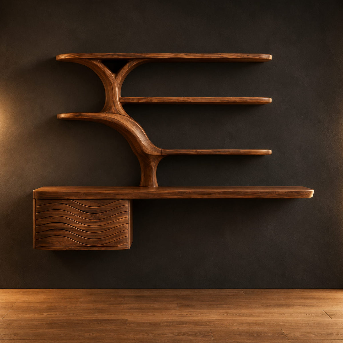 Wall hung desk with branching tree shaped shelves and a wave carved box in a dark studio against a charcoal plaster wall