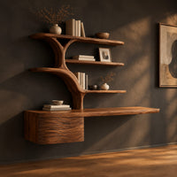Wall hung desk with branching tree shaped shelves and a wave carved box, three-quarter view showing the grain