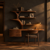Wall hung desk with branching tree shaped shelves and a wave carved box in a dark home office at golden hour
