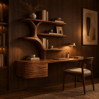 Wall hung desk with branching tree shaped shelves and a wave carved box in an evening home office with walnut wall paneling