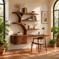 Wall hung desk with branching tree shaped shelves and a wave carved box in a bright home office with arched windows and plants
