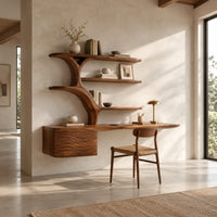 Wall hung desk with branching tree shaped shelves and a wave carved box in a bright open plan home office