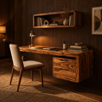 Floating desk with a thick grained top and a hanging two drawer pedestal in an evening home office with walnut wall paneling