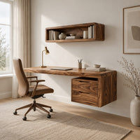 Floating desk with a thick grained top and a hanging two drawer pedestal in a Scandinavian home office with white walls