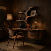 Floating desk with a tree trunk, branch shelves and two drawers in an evening home office with walnut wall paneling