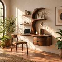 Floating desk with a tree trunk, branch shelves and two drawers in a bright home office with arched windows and plants