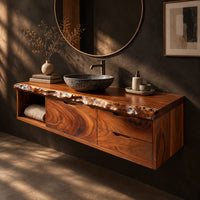 Floating bathroom vanity cabinet with an open shelf bay and a live edge top, three-quarter view showing the grain