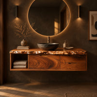 Floating bathroom vanity cabinet with an open shelf bay and a live edge top in a dark bathroom at golden hour