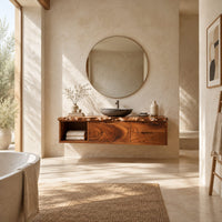 Floating bathroom vanity cabinet with an open shelf bay and a live edge top in a bright open plan bathroom