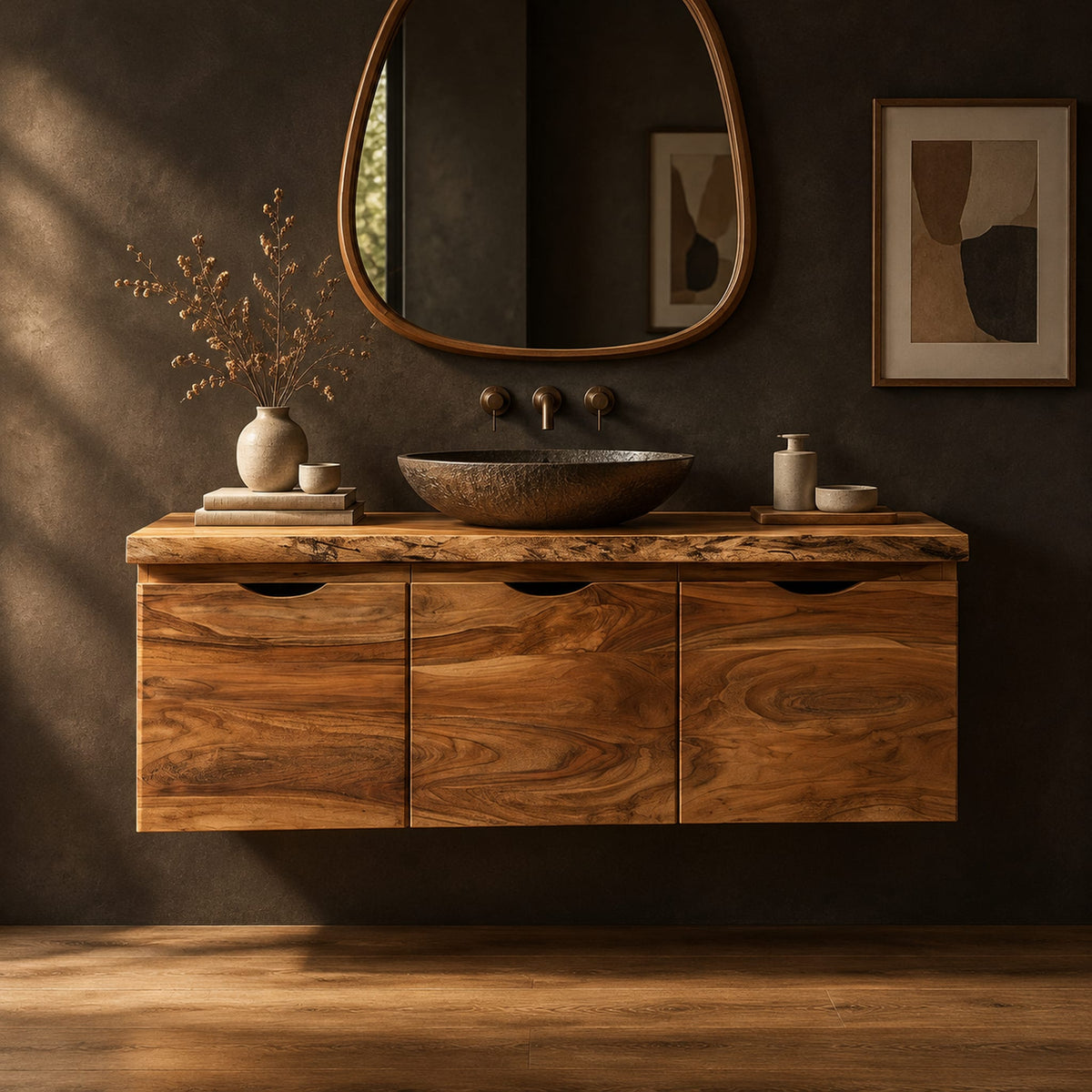 Floating wood cabinet with three doors and a live edge top in a dark studio against a charcoal plaster wall