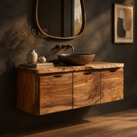 Floating wood cabinet with three doors and a live edge top, three-quarter view showing the grain