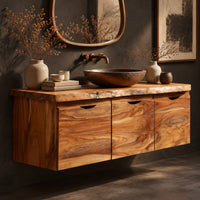 Corner detail of floating wood cabinet with three doors and a live edge top beside wood, brass and linen samples