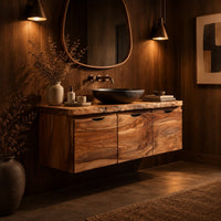 Floating wood cabinet with three doors and a live edge top in an evening bathroom with walnut wall paneling