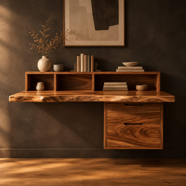 Floating Live Edge Desk With Cubby Hutch And Drawer Pedestal