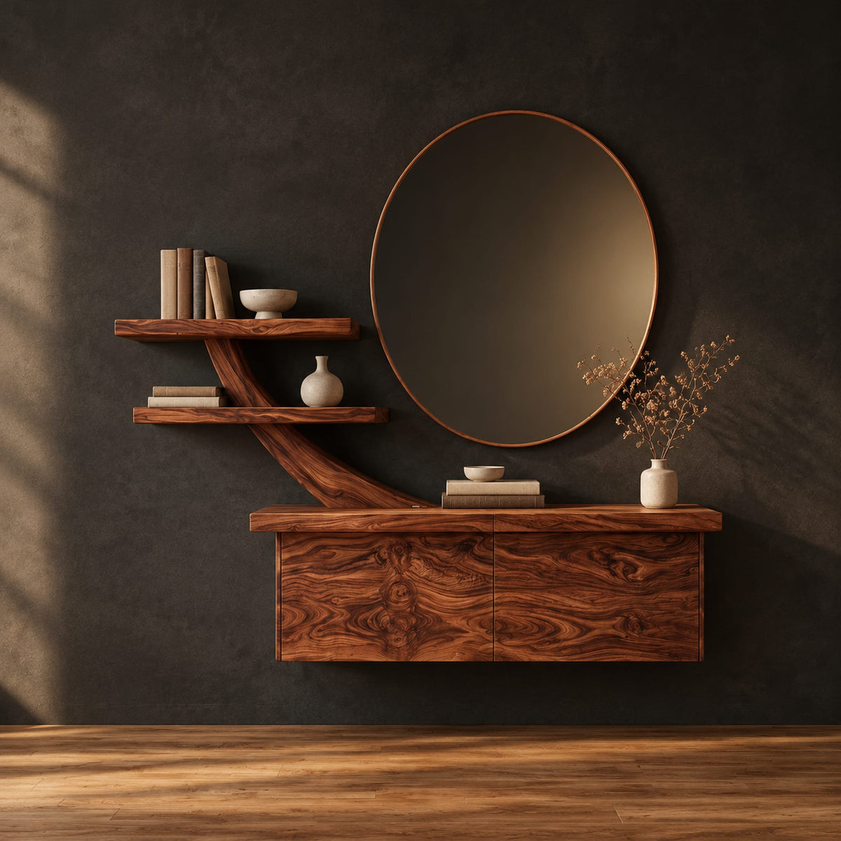 Floating makeup vanity with a branch shaped arm and two small shelves in a dark studio against a charcoal plaster wall