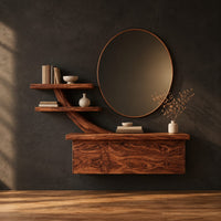 Floating makeup vanity with a branch shaped arm and two small shelves in a dark studio against a charcoal plaster wall
