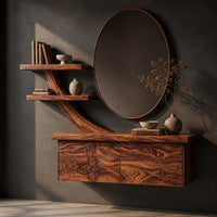 Floating makeup vanity with a branch shaped arm and two small shelves, three-quarter view showing the grain
