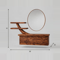 Floating Makeup Vanity With Branch Shaped Arm And Two Shelves dimension diagram with width, height and depth