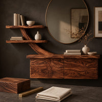 Corner detail of floating makeup vanity with a branch shaped arm and two small shelves beside wood, brass and linen samples
