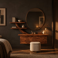 Floating makeup vanity with a branch shaped arm and two small shelves in a dark bedroom at golden hour